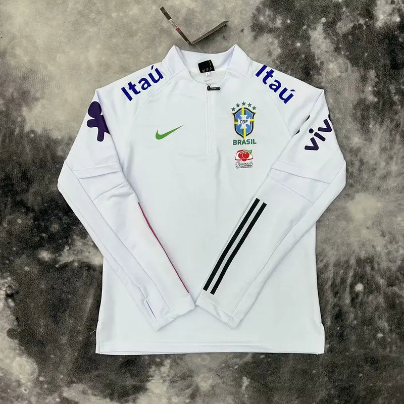 Pull zippé Brésil blanc – haut d’entraînement demi-zip Seleção, vue de face